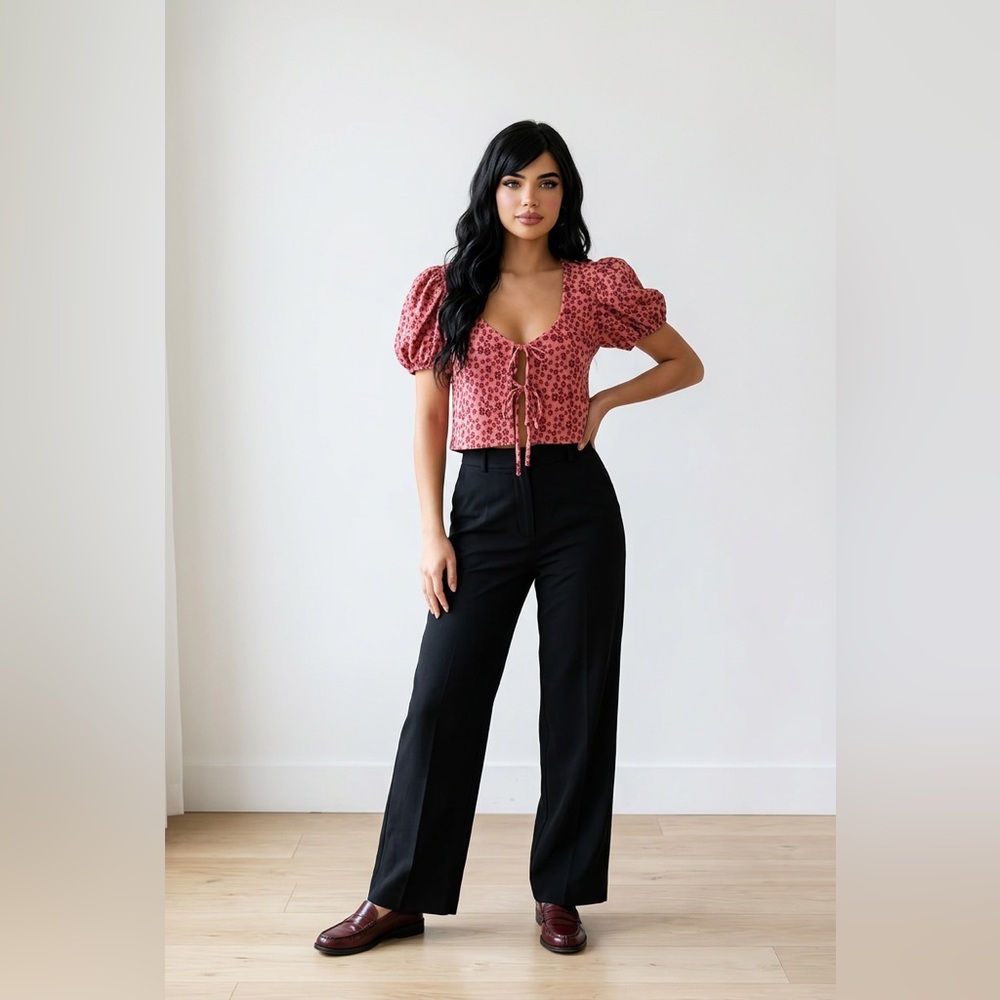 Free People Rose-Print Tie-Front Puff Sleeve Crop Top - Rose